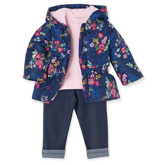 Girls Toddler Puffer Jacket 3-piece Set Pants Floral Hooded NWT Little Me - Picture 3 of 12